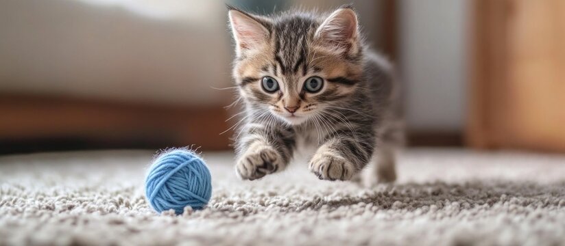 A playful tabby kitten leaps towards a blue yarn ball on a carpet. - Powered by Adobe