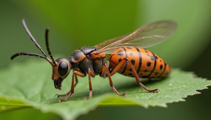  Vibrant bee in flight poised on a leafy green stage