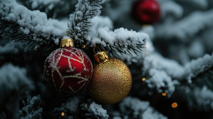 Golden and red Christmas tree decorations on a snowy branch background \