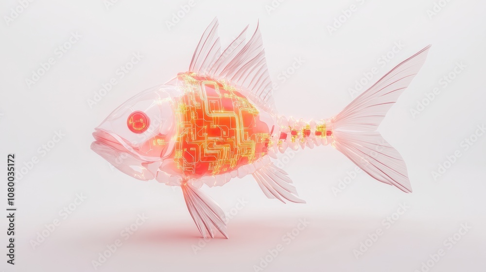 Poster explore the fusion of technology and nature with the digital fish concept