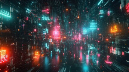 Fototapeta premium Abstract cyberpunk city with glowing neon lights and digital data streams.