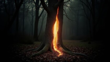  Mystical forest tree with fiery core