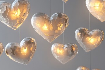 Fototapeta premium Abstract hearts floating on a soft gray background with glowing accents.