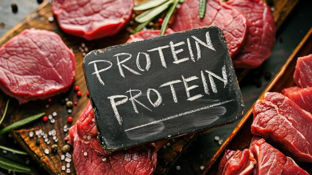 Protein written on a chalkboard surrounded by beef steaks carnivore diet ibS low carbohydrate