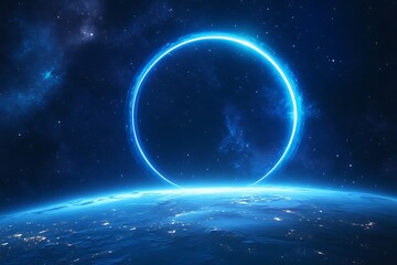 Fototapeta premium Circular blue neon lights in space