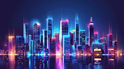 Fototapeta premium A vibrant, futuristic city skyline illuminated with neon lights and reflections at night.