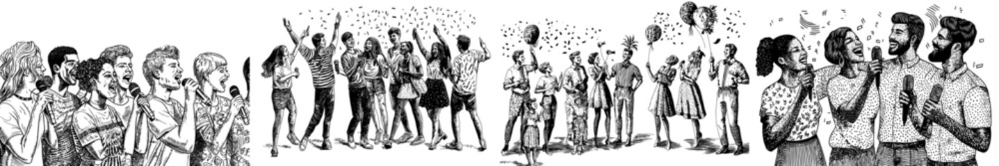 Fototapeta premium At a karaoke party, amateur singers sing songs while holding microphones. Young happy males and females at a live music performance at a club. Flat graphic modern illustration isolated on white.