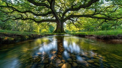 Majestic tree by a flowing river, surrounded by lush greenery and tranquil scenery.