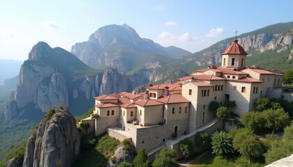 Obraz premium Enchanting stone monastery perched atop a cliff overlooking majestic mountains
