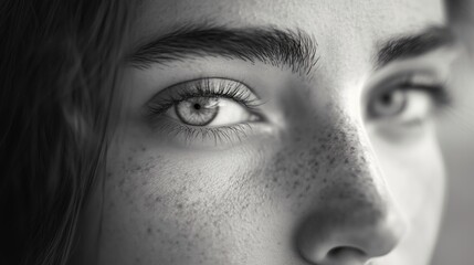 Close-up of a young woman's striking gray eyes showcasing freckles and natural beauty in soft lighting