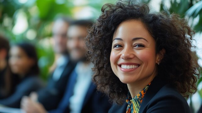 A woman with curly hair is smiling and looking at the camera