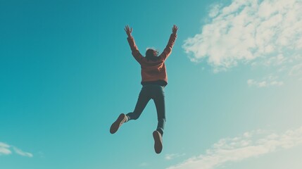 Fototapeta premium Person jumping joyfully against a bright blue sky with scattered clouds on a sunny day