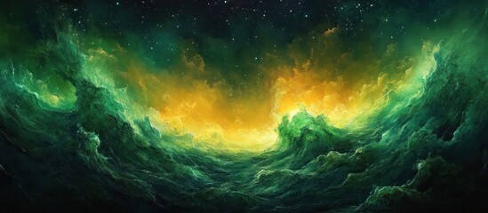 Fototapeta premium Abstract space scene with green and yellow nebulae.