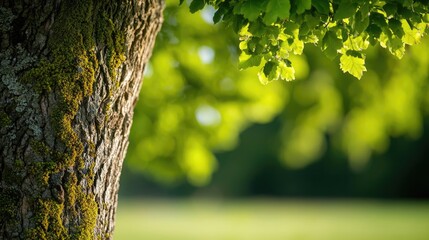 Close-up of a tree trunk with vibrant green leaves in a natural setting.