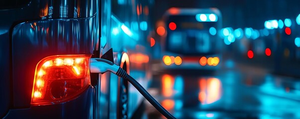 Electric bus charging station at night