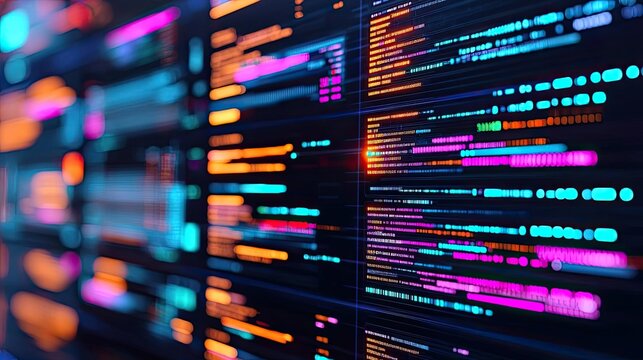 Colorful code display on a dark background, showcasing computer programming.