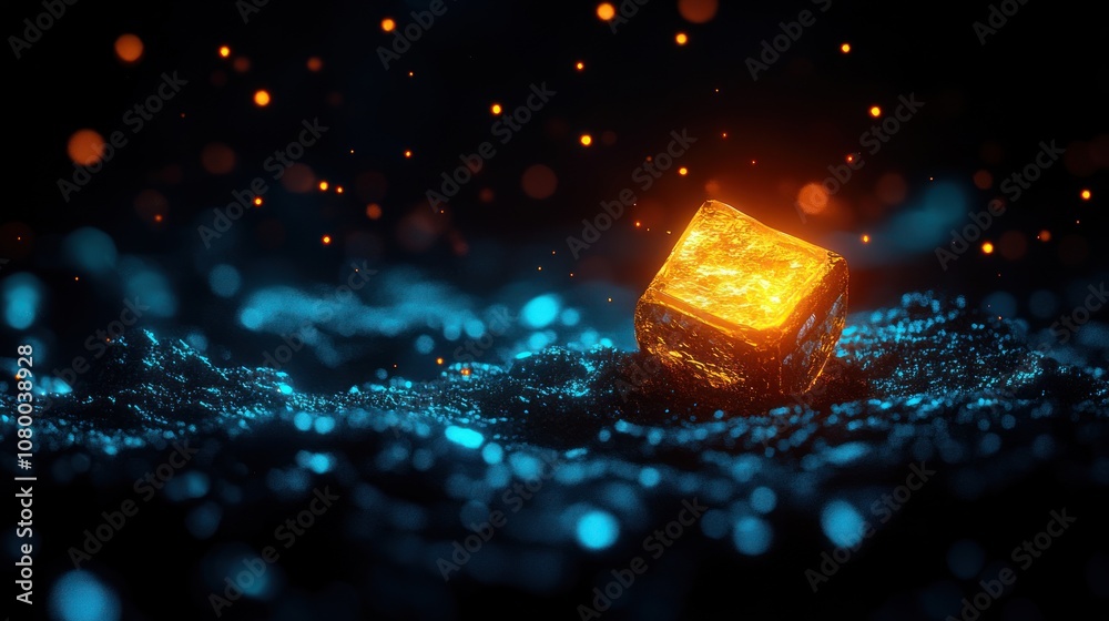 Poster illuminated ice cube shines in vibrant water background