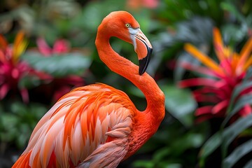 Vibrant Flamingo Amid Lush Tropical Foliage for Nature and Wildlife Photography