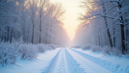 Fototapeta premium Whispers of Winter A serene snowy path through a forest