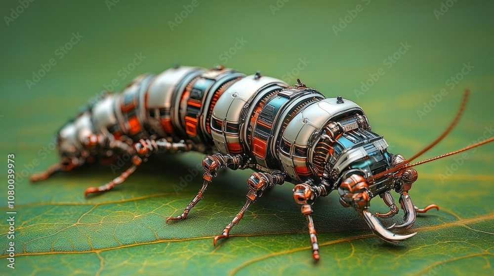 Poster explore the intricate design of a robotic caterpillar on a leaf