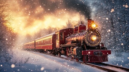 old christmas steam train on snowy winter background