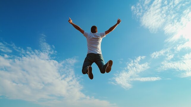 A person joyfully jumps against a clear blue sky during a sunny day, expressing freedom and happiness in a scenic outdoor setting