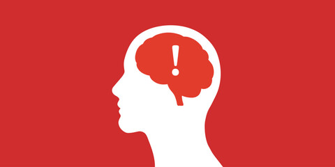 Human head silhouette with brain, red exclamation mark danger or error concept design, man profile vector illustration banner