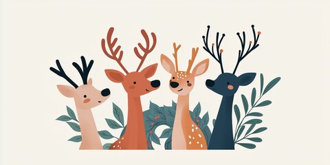 Fototapeta premium A charming illustration of four deer with colorful coats and antlers, surrounded by greenery and a light background.