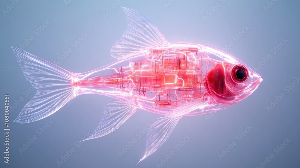 Poster explore the fusion of technology and nature in a cybernetic fish design