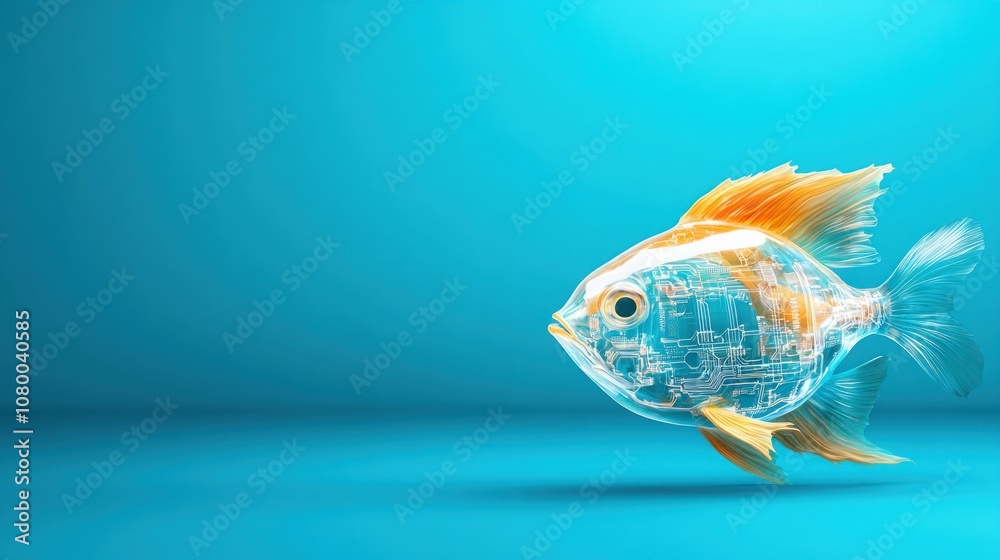 Poster explore the fusion of technology and nature through a transparent fish design