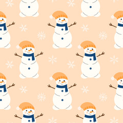 Christmas seamless pattern with a cute snowman in a hat, scarf and with snowflakes. Vector winter background. Perfect for textiles, wallpaper or holiday design.