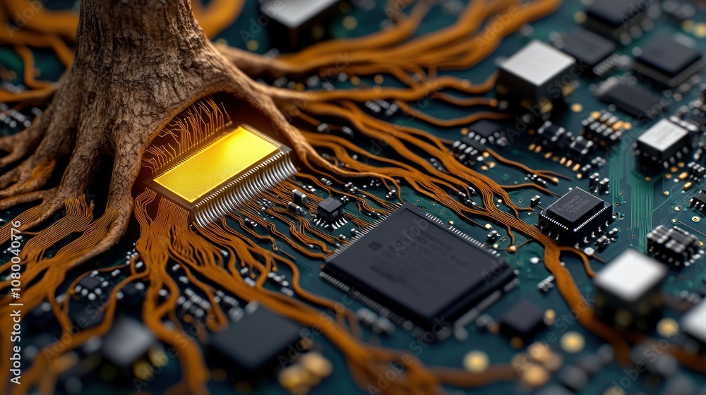 Poster explore the connection between technology and nature through digital roots