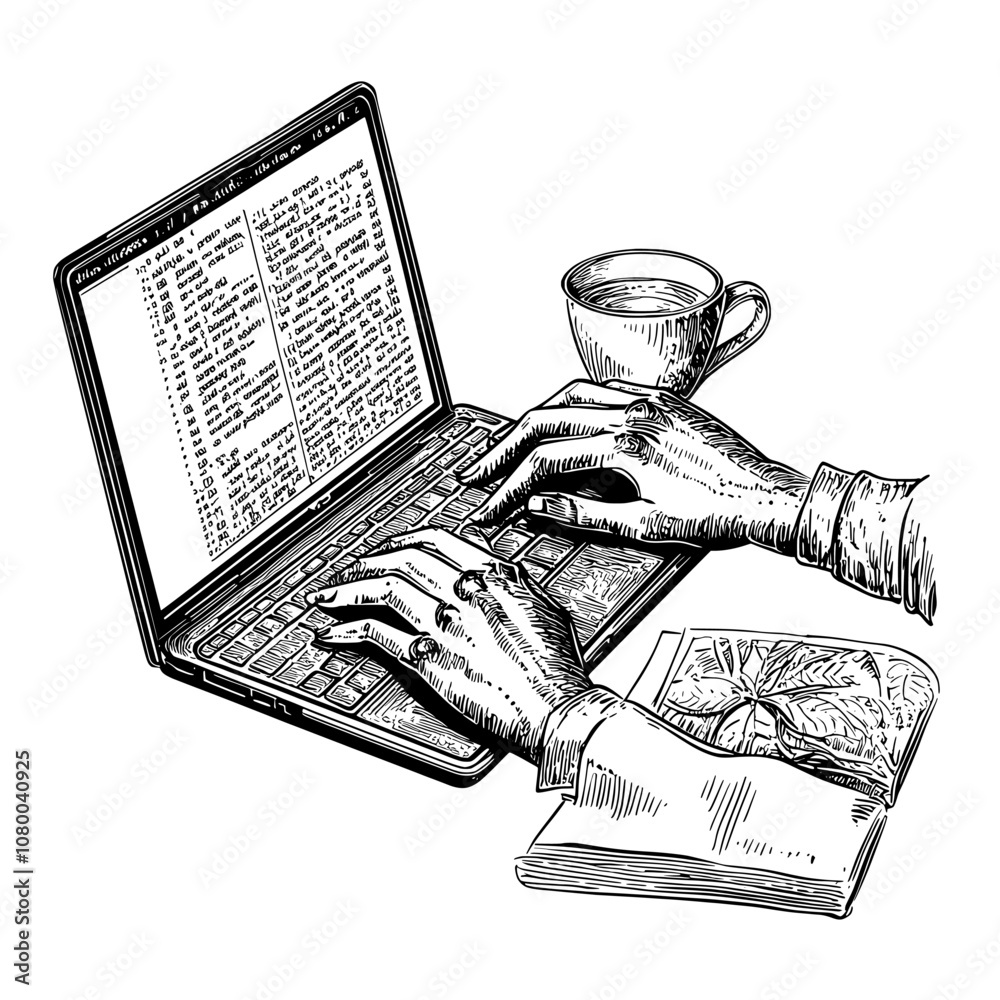 Poster computer on desk with hands working online. software engineer developing, writing code. developer on