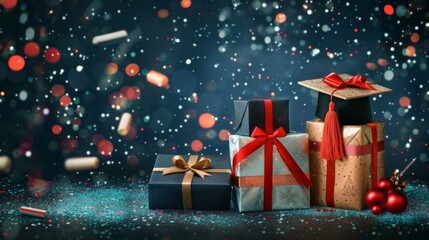 Elegant gift boxes with educational icons in a festive celebration of learning and achievement