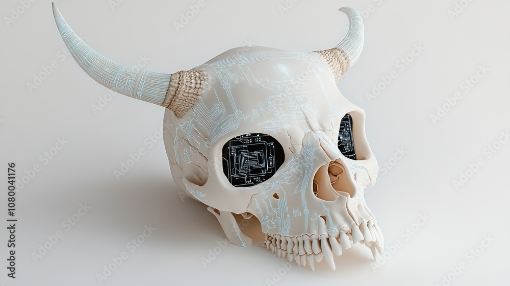 Aufkleber explore the fusion of technology and nature in a surreal skull design