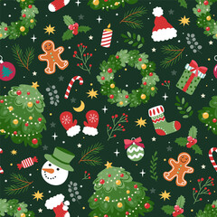 Christmas wreath, New Year tree, decorations. Christmas pattern. Seamless pattern. Flat cartoon illustration