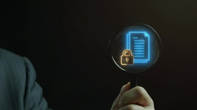 File Security icon, Document Management concept for system or process used to capture, track and store electronic documents. Businessman show document and folder icon with master key on virtual screen