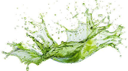 Dynamic splash of vibrant green liquid on white transparent background
