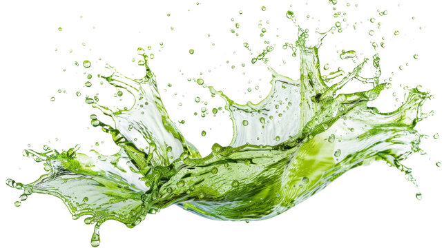 Dynamic splash of vibrant green liquid on white transparent background
