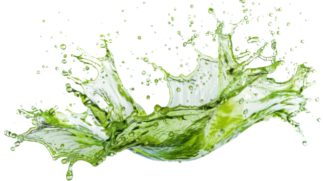Dynamic splash of vibrant green liquid on white transparent background
