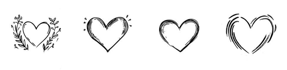 Hand drawn hearts. Black and white illustration with rough lines, pencils, and brushstrokes.