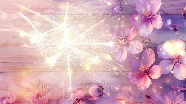 Pink flowers on a wooden surface with bokeh lighting. Ideal for romantic themes, spring settings, and calm backgrounds. This floral image is AI-generated, blending nature with a dreamy ambiance. Gener