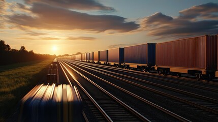 Cargo trains on railway tracks at sunset, showcasing freight movement and landscape.