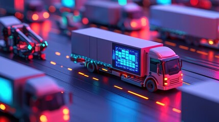 Miniature truck on a road, illuminated with colorful lights, vibrant urban scene.