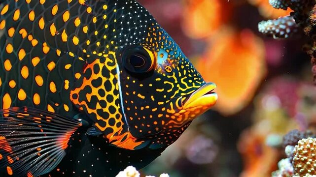 Detailed image of a colorful tropical fish with bright patterns. Blurred coral in the background creates depth. Ideal for educational or decorative use. High-quality, vivid photo. Generative AI.