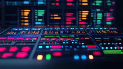 Colorful display panel with buttons and lights in a high-tech environment.