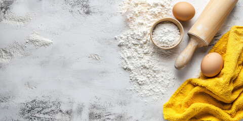 Tavolo con farina uova e matterello. Impastare. Fare la pasta.
