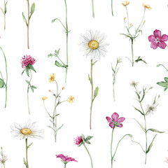 Watercolor floral seamless pattern with summer meadow flowers in botanical rustic style. Hand drawn print with buttercup, clover, chamomile, geranium. Repeat wallpaper with leaves and plants