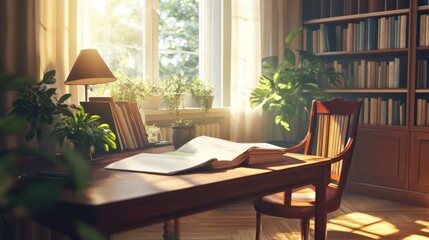Bright office with a desk lamp, open books, and a classic wooden chair, with plants adding a touch of greenery.