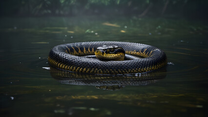 Massive Anaconda Submerged in Murky River with Gleaming Scales - Generated by AI.